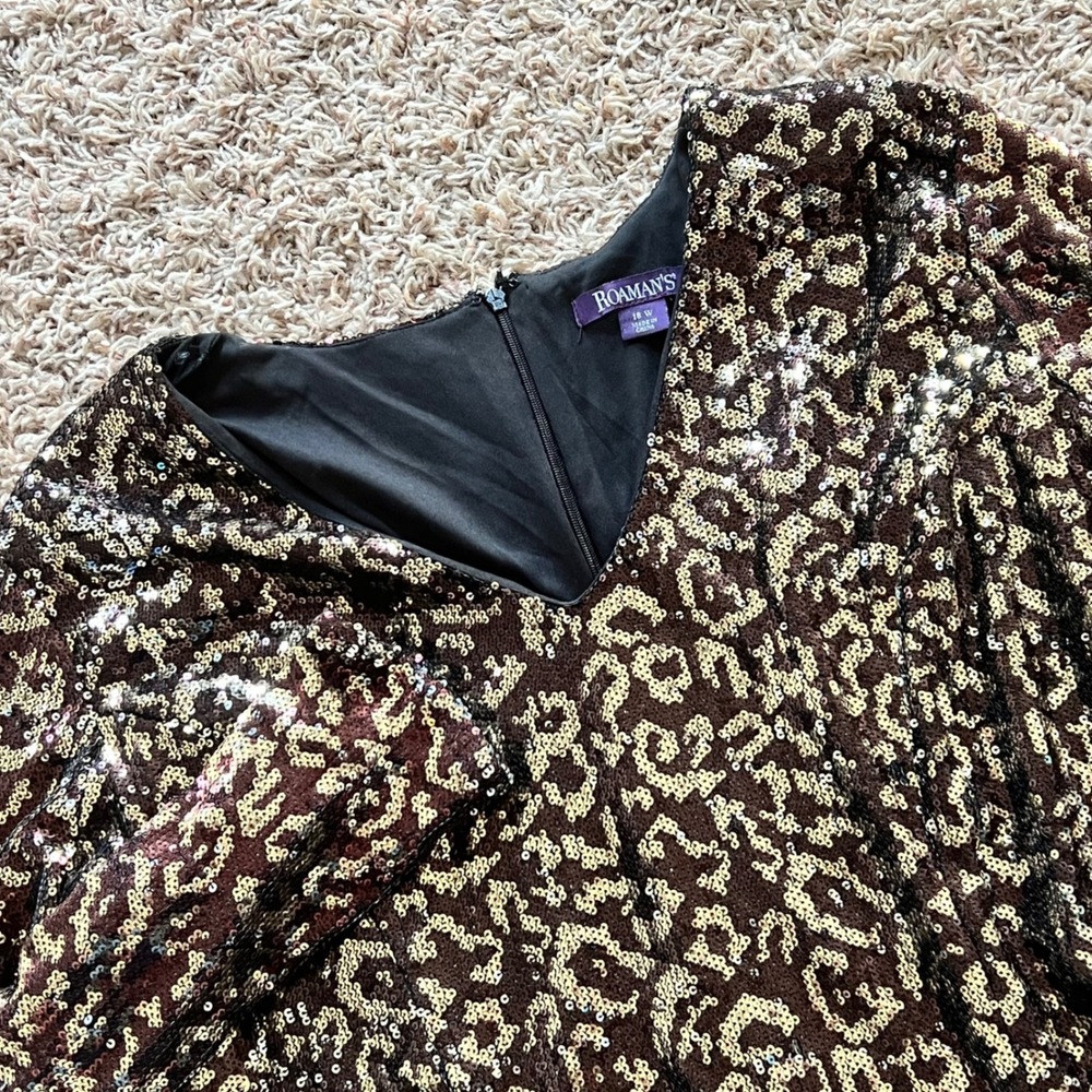 Roaman's Vtg Plus Size 18W Gold Brown Animal Print Sequin Long Sleeve Midi Dress